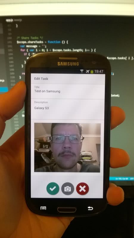Todo app running on android phone displaying a selfie